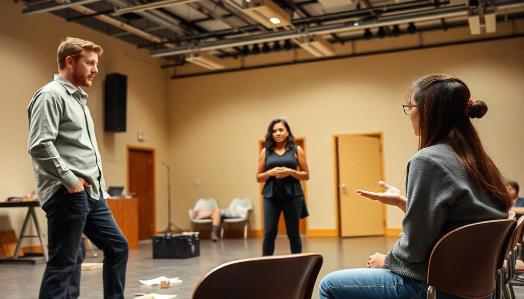 A theater rehearsal in progress, with actors on stage and a director guiding them from the audience seats.