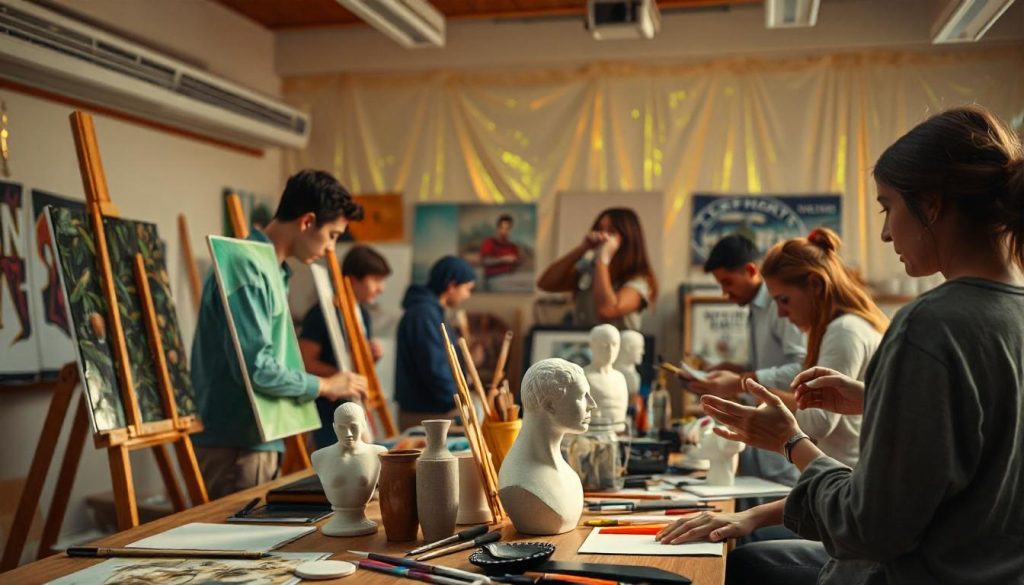 A vibrant classroom with students engaged in painting, sculpting, and discussing ideas, showing the lively atmosphere of an art department.