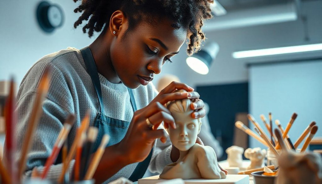 A close-up of a student sculpting a clay model, with paintbrushes and other tools in the background