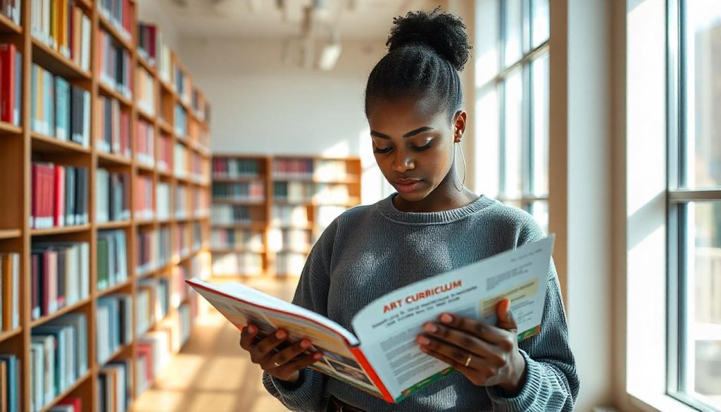 A student browsing through an art curriculum book, with course titles highlighted.