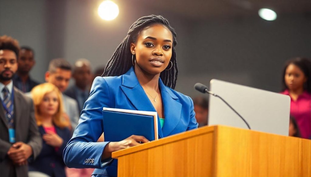 A student confidently walking to the podium, ready to start their debate greeting with a focused and composed expression