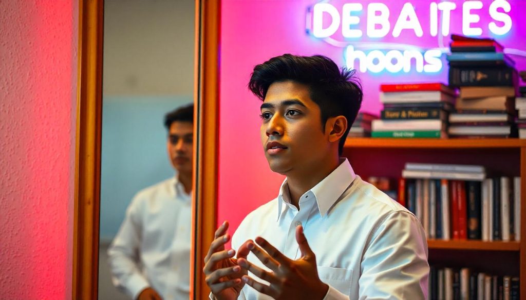 A student practicing their debate greeting in front of a mirror, looking focused and confident