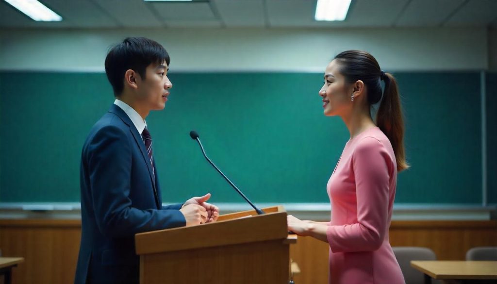 A side-by-side image of students on the proposition and opposition teams delivering their debate greetings with confidence at a podium