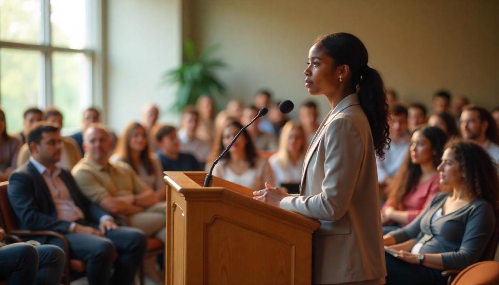 A student at the podium, making a bold opening statement, while the audience listens attentively.